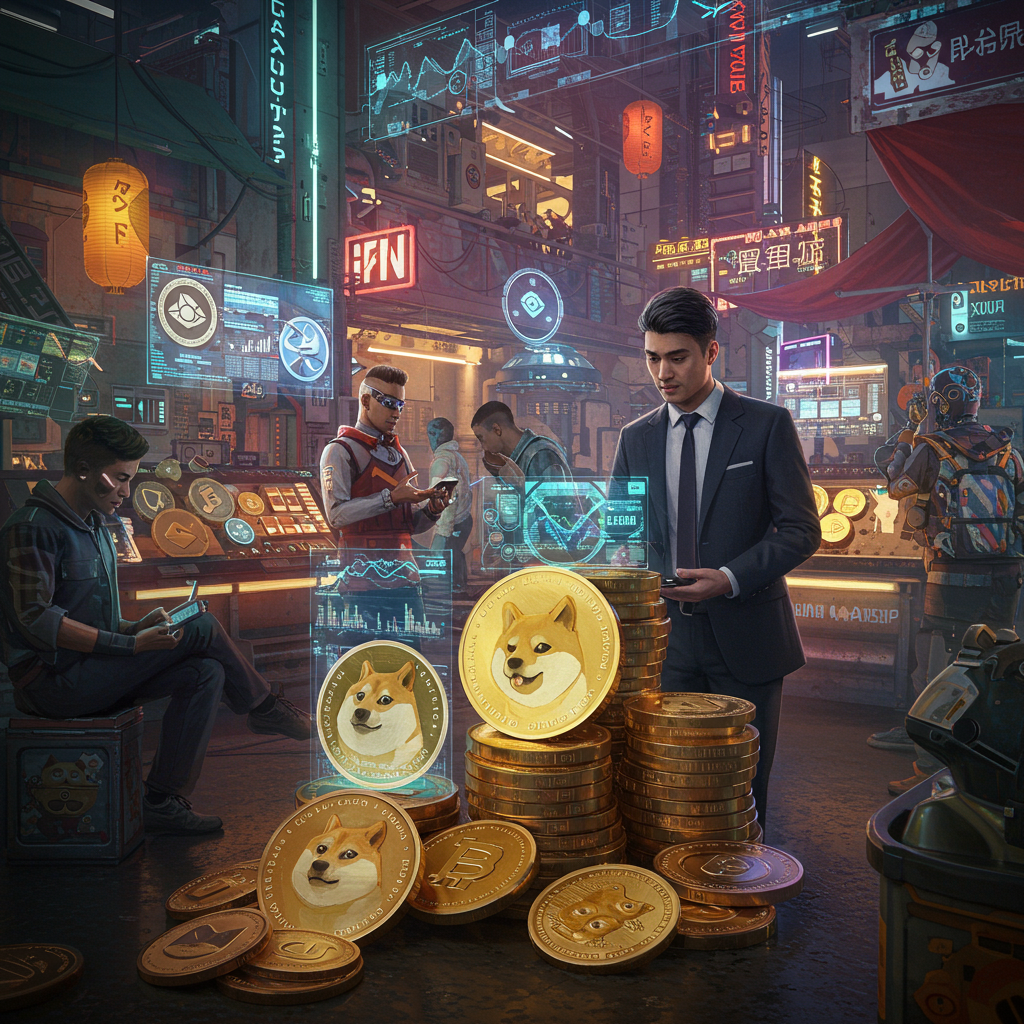 A bustling futuristic marketplace where various cryptocurrencies are traded like exotic go…