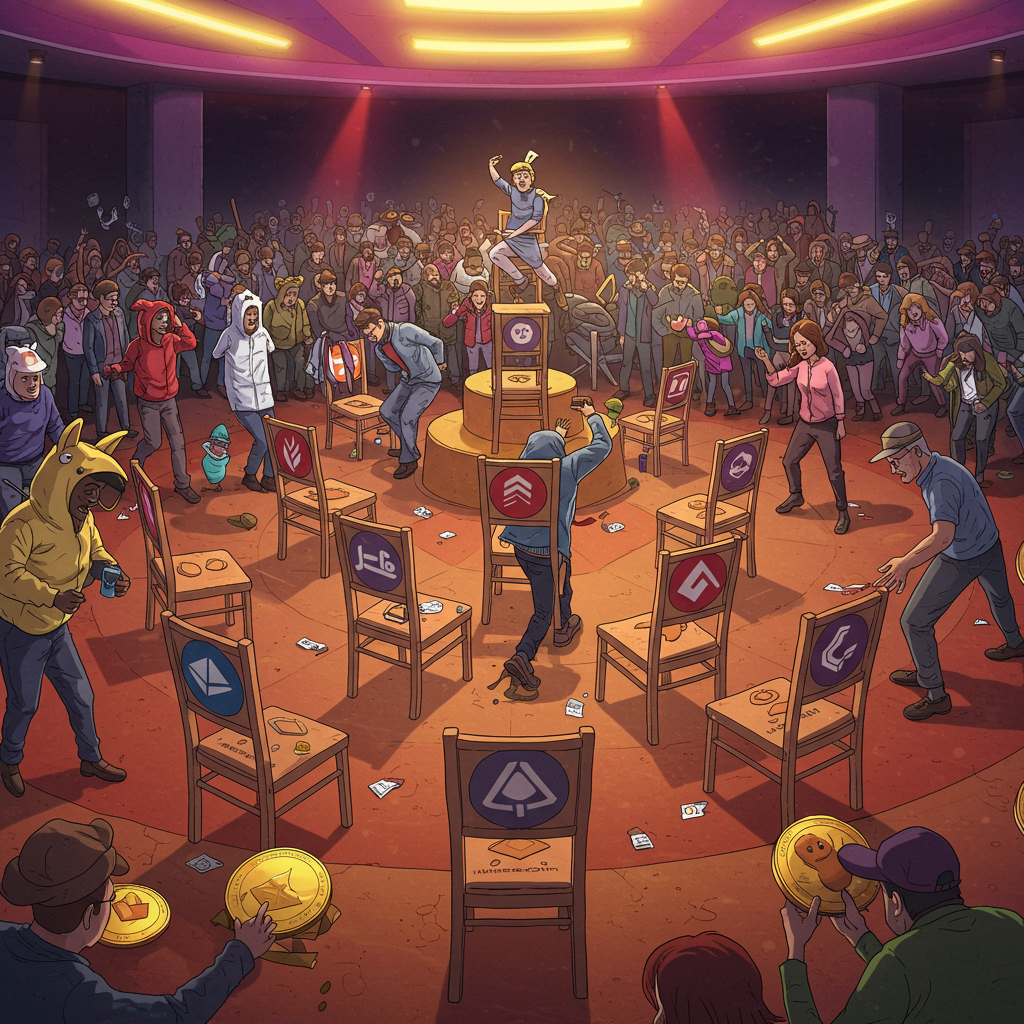 A real-world analogy comparing memecoins to a game of musical chairs where players must ti…