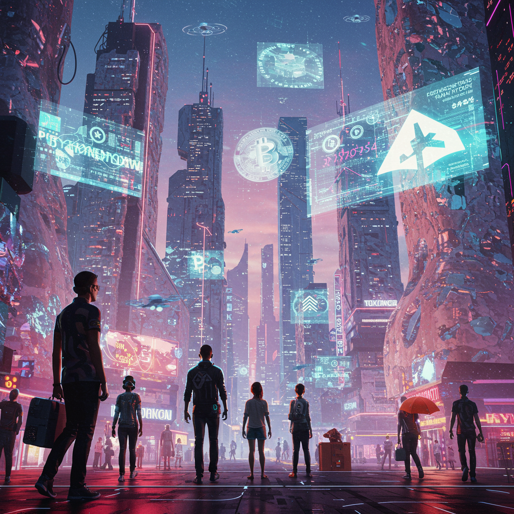 In a futuristic crypto metropolis, towering digital billboards flash real-time exchange fl…