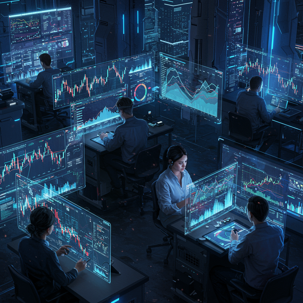 In a futuristic crypto city, traders use holographic displays to analyze real-time on-chai…