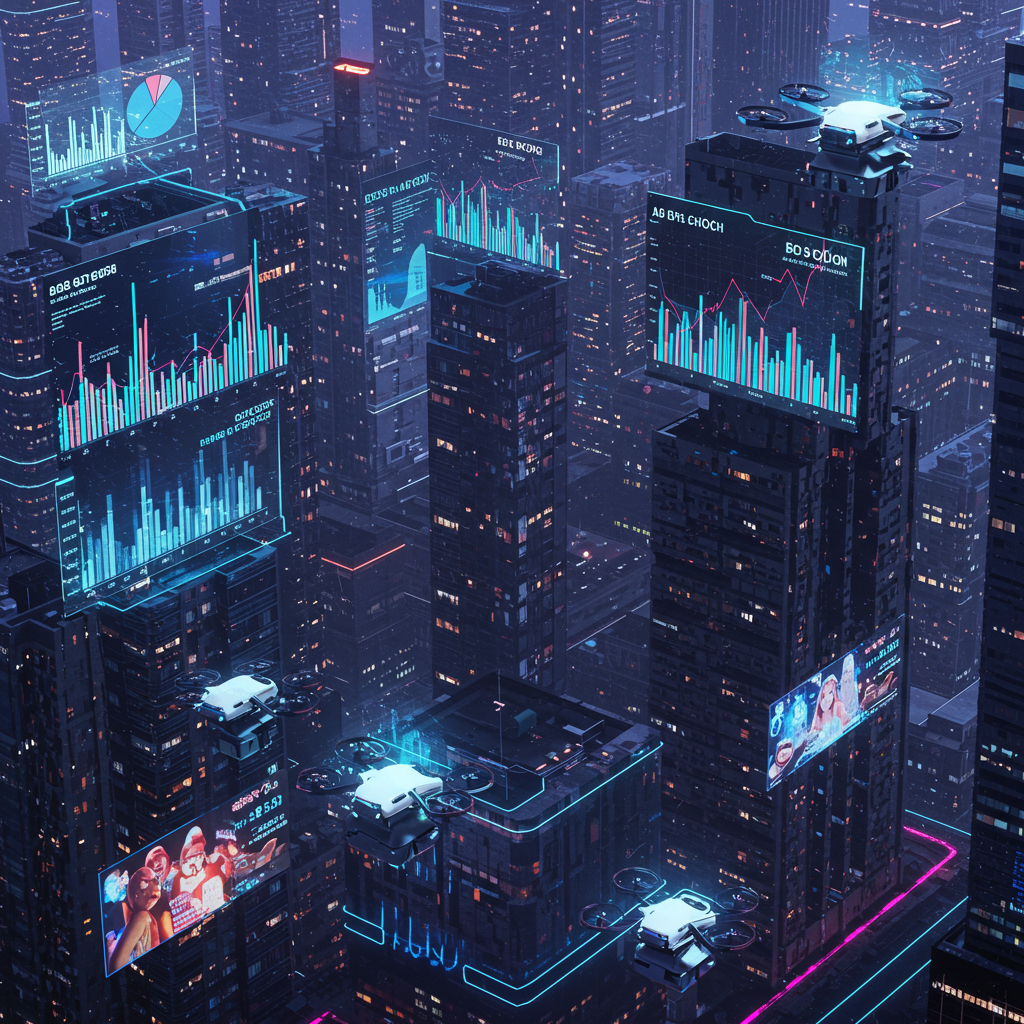 In a futuristic city, holographic displays showcase real-time crypto trading, with AI-driv…
