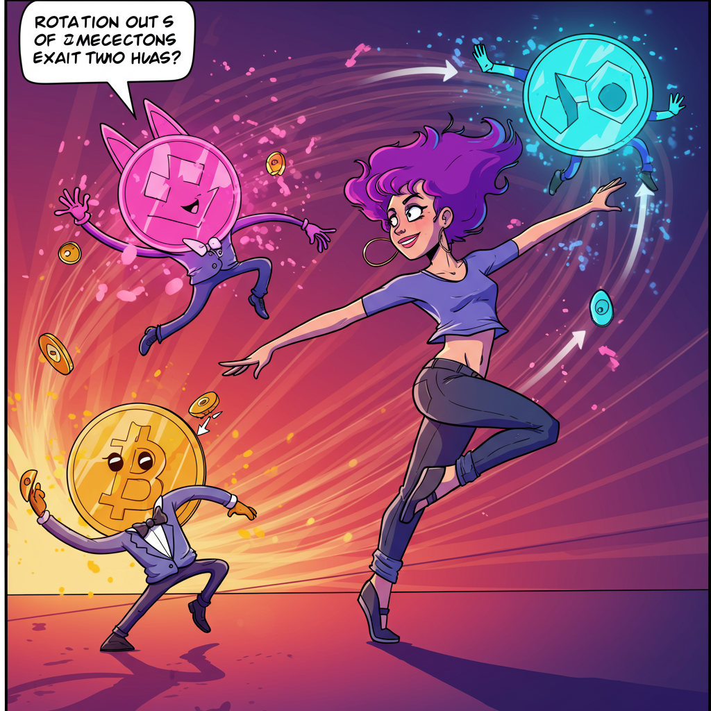 A metaphor illustration comparing rotating out of memecoins to a skilled dancer smoothly t…