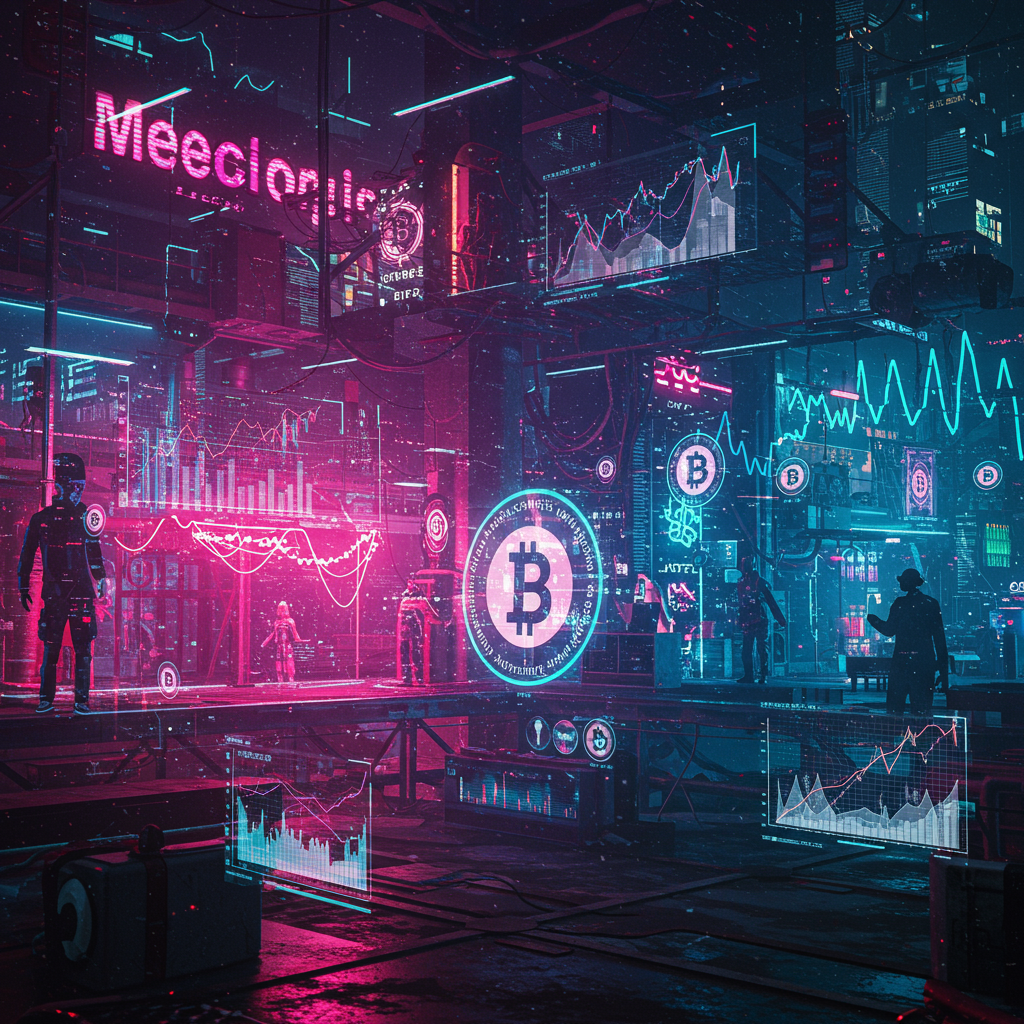 A futuristic crypto scene depicting a bustling digital marketplace where memecoins are tra…